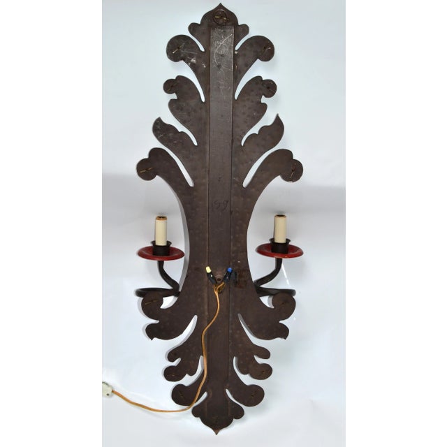 Spanish Gothic Revival Forged & Hammered Iron 2 Light Sconces - a Pair For Sale - Image 10 of 13