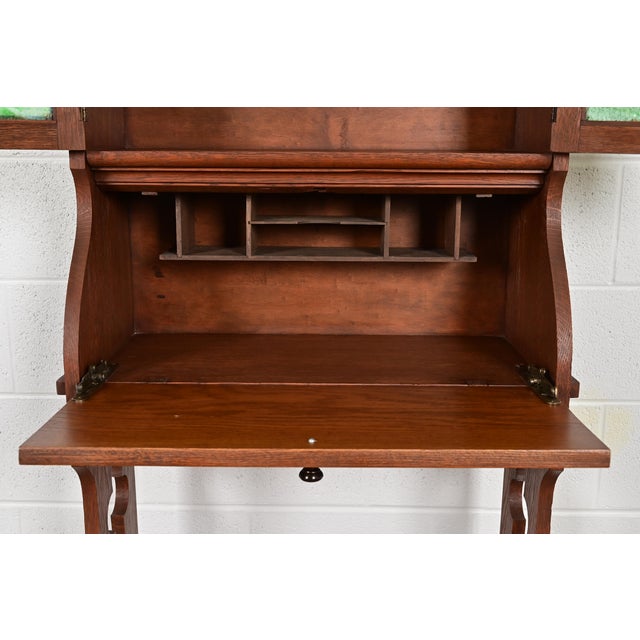 Wood Stickley Brothers Style Antique Mission Oak Arts & Crafts Secretary Desk With Stained Glass Doors, Circa 1900 For Sale - Image 7 of 14