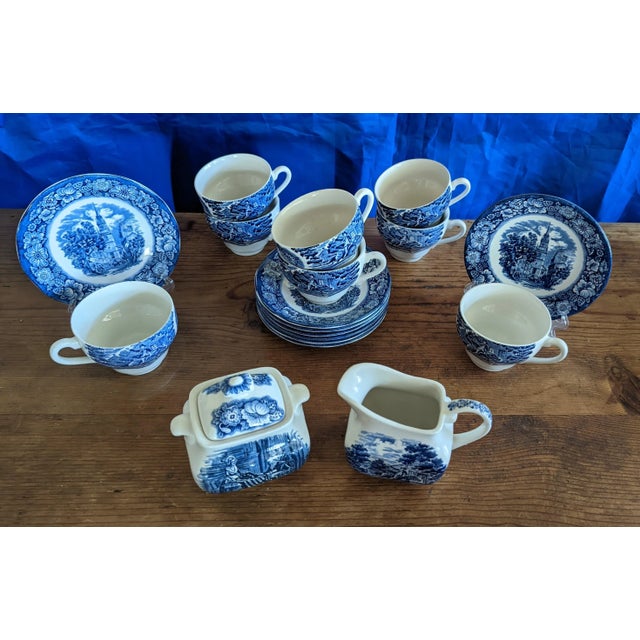This is a Staffordshire, Liberty Blue transferware coffee set is service for 8, along with one each creamer and lidded...