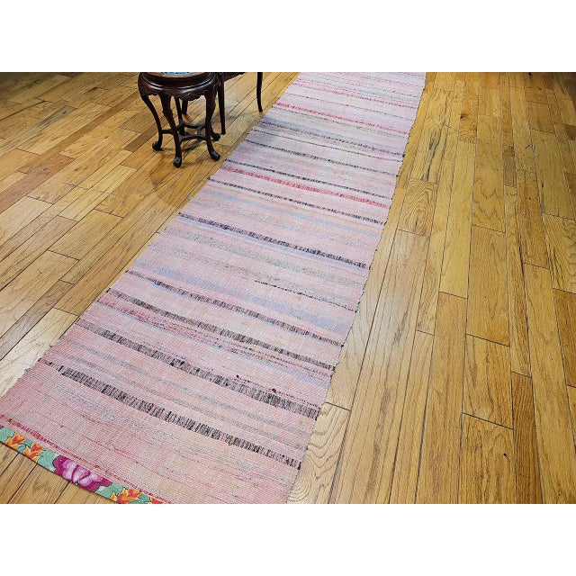 Light Pink Vintage Rag Runner, Handwoven Wool & Cotton, Stripe Pattern, Red & Pink, 3x14 For Sale - Image 8 of 18