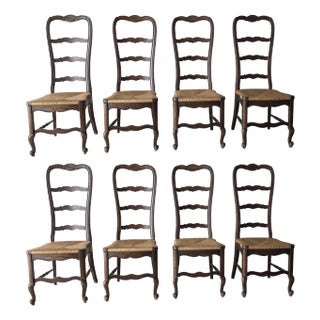 Vintage Rustic European Style Rush Seat Dining Chairs - Set of 8 For Sale