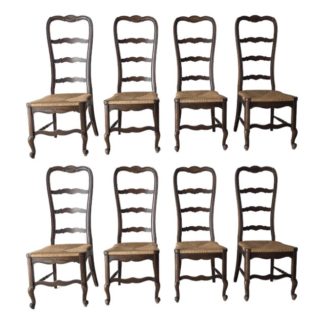 Vintage Rustic European Style Rush Seat Dining Chairs - Set of 8 For Sale