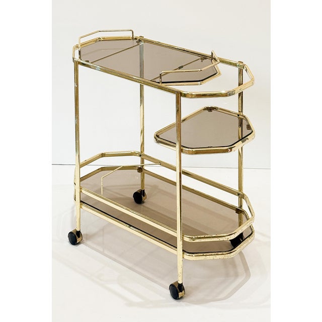 Italian Mid 20th Century Italian Modern Rolling Drinks Cart or Console Trolley of Brass and Smoked Glass For Sale - Image 3 of 14