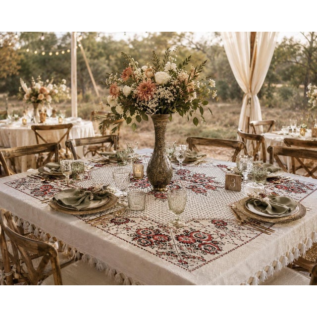Vintage Hand Printed Indian Cotton Banquet Tablecloth With Jacquard Floral Damask & Fringe For Sale - Image 9 of 10