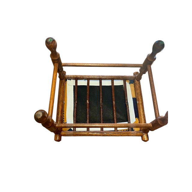 Wood Antique French Provincial Walnut Footstool With Hand-Turned Legs & Blue/Yellow Patchwork Cushion For Sale - Image 7 of 10