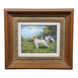Vintage A. Hale Hunting Dogs Landscape Painting Oil on Canvas Framed Realism 18" For Sale