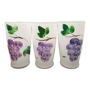 Mid-Century Frosted GlassTumblers Bartlett Collins, Set of 3, Hand-Painted Grapes by Gay Fad