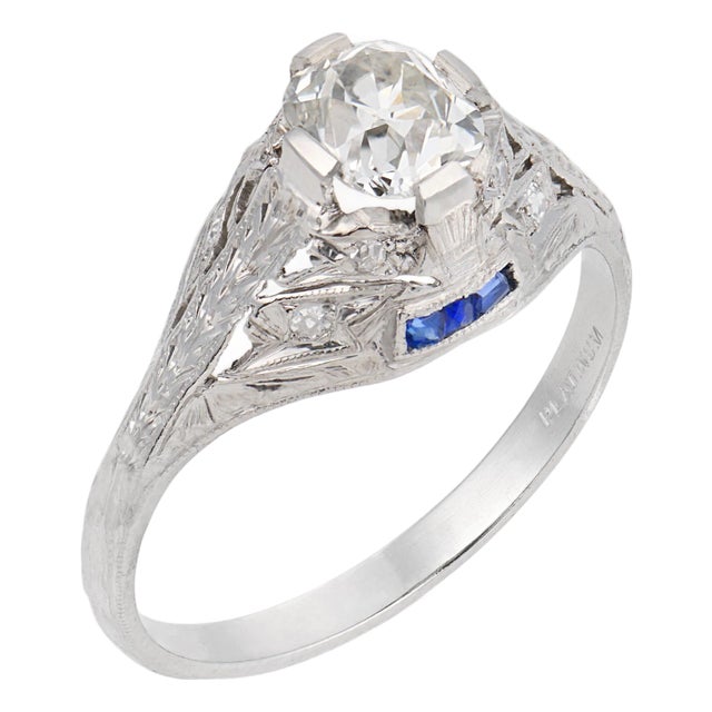 1930s Art Deco Gia 1.02 Carat Diamond Sapphire Platinum Engagement Ring, Size 9 For Sale