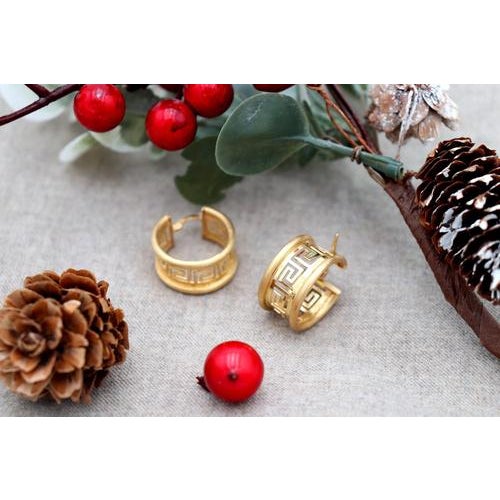 Metal Gold Earrings with Greek Friezes, Set of 2 For Sale - Image 7 of 8