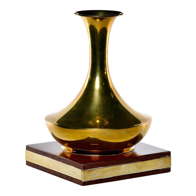 Mid Century Faux Tortoise Shell Stand With Brass Vase For Sale