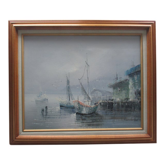 Vintage Sunset Seascape on Canvas of Fishing Village With Boats & Seagulls, Framed For Sale