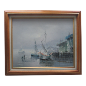 Vintage Sunset Seascape on Canvas of Fishing Village With Boats & Seagulls, Framed