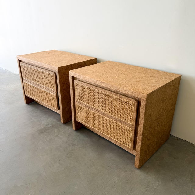 Tan 1970s Walnut Burlwood Nightstands With Cane Fronts MCM For Sale - Image 8 of 10