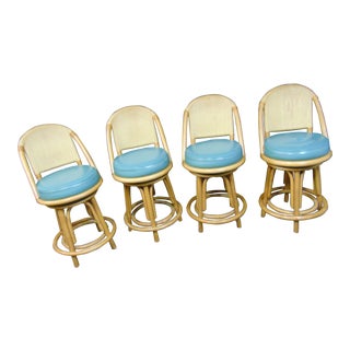 Mid Century Modern Rattan & Wicker Bar Stools - Set of 4 For Sale