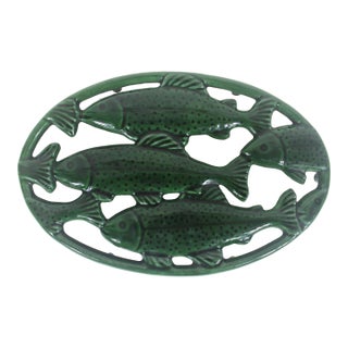 Vintage French Cast Iron Enamelled Green Fish Trivet Made in France For Sale