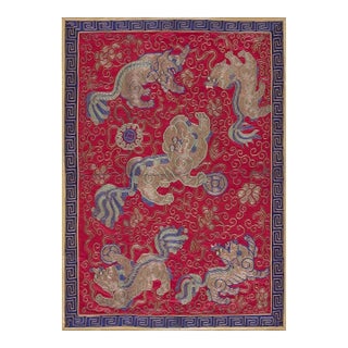 1950s Red Ground Figural Pattern Vintage Silk & Gold Thread Chinese Embroidery For Sale