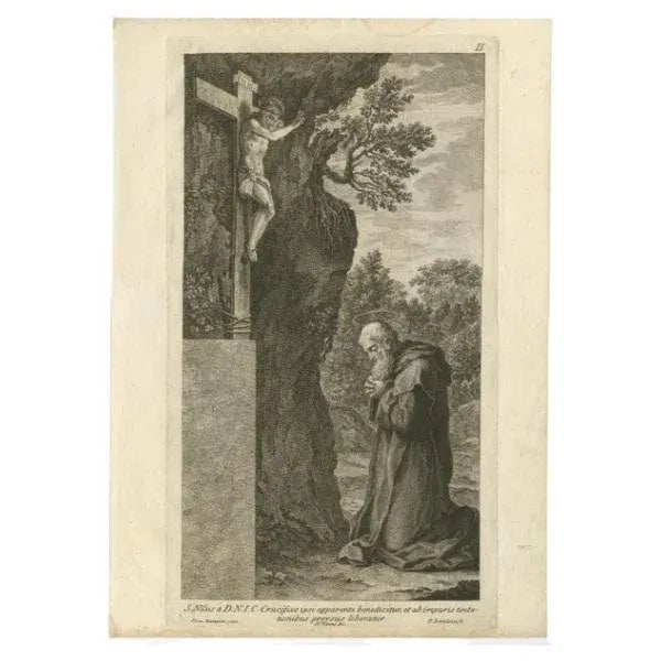 Antique print titled 's. Even the d.n.i.c. The crucifix ipsi apparent benedictur, and ab impuris attempt tionibus prorsus...