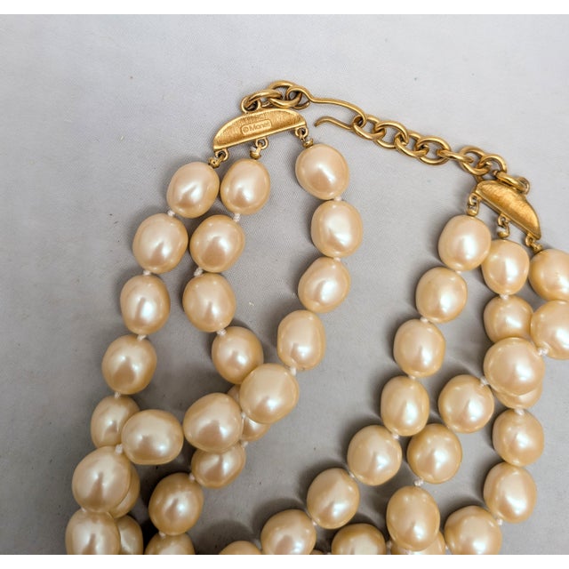 Ivory Vintage Signed Monet Goldtone 3-Strand Faux-Baroque Pearl Collar Necklace For Sale - Image 8 of 10