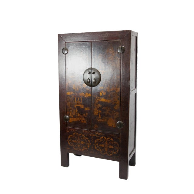 1900 - 1909 1900 - 1909 Asian Elm Cabinet With Painted Panel Doors For Sale - Image 5 of 12