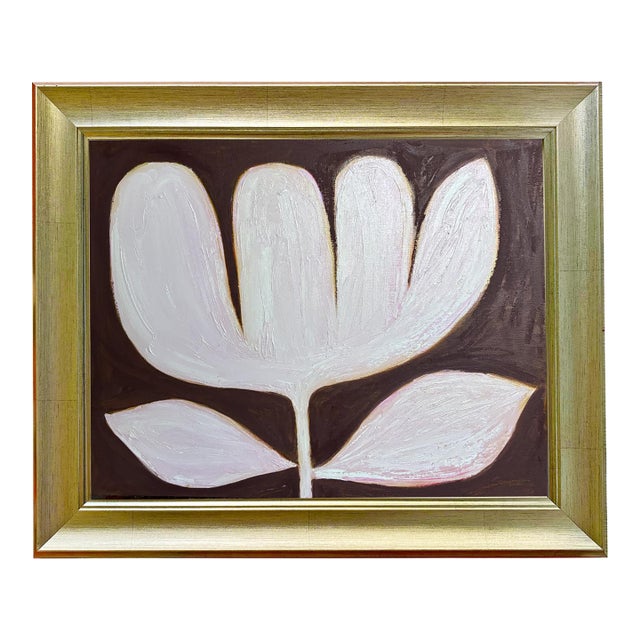 Original Framed Botanical Tulip Painting, Oil on Canvas in Gold Frame, 17x21 Minimalist Boho Home Decor For Sale