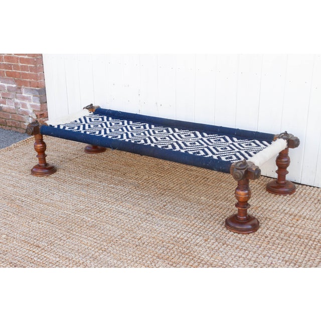 Long Blue & White Woven Charpai Bench For Sale - Image 4 of 10