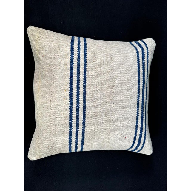 Turkish Hemp Pillow Cushion Natural Beige Blue Cushion Cover 20"x20" For Sale - Image 4 of 4