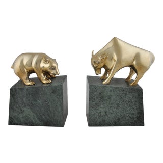 1970s Gatco Bull and Bear Brass Bookends - a Pair For Sale