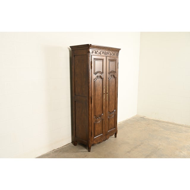 French Provincial Baker Furniture French Provincial Louis XV Carved Oak Armoire Dresser or Linen Press For Sale - Image 3 of 18