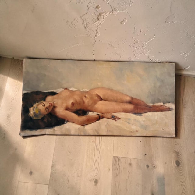 1940s Signed César Vilot French Reclining Nude Oil on Canvas, Mid-20th Century For Sale - Image 5 of 12