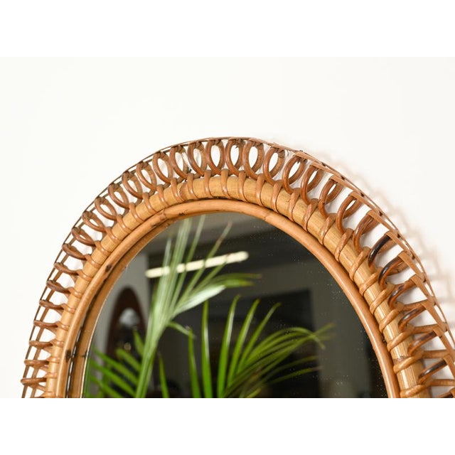 Franco Albini Vintage Round Spring Mirror in Bamboo with Rattan and Wicker by Franco Albini, Italy, 1960s For Sale - Image 4 of 13
