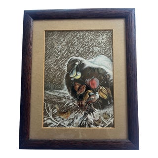 19th Century Gouache Water Color Painting Wintering Birds in Snow For Sale