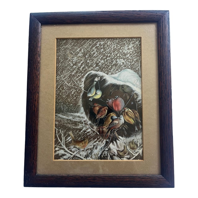 19th Century Gouache Water Color Painting Wintering Birds in Snow For Sale