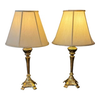 Brass Candlestick Table Lamps, Pair For Sale