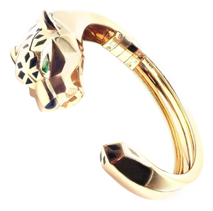 Cartier Panther Panthere Tsavorite Onyx Yellow Gold Size 16 Bangle Bracelet