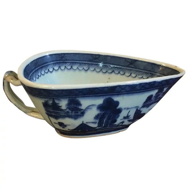 Antique Early 19th Century Chinese Export Blue & White Canton Porcelain Gravy Boat For Sale - Image 13 of 13