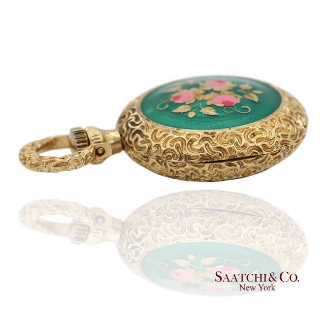 18k 750 Yellow Gold Enamel Pocket Watch Pendant Necklace For Sale - Image 11 of 14