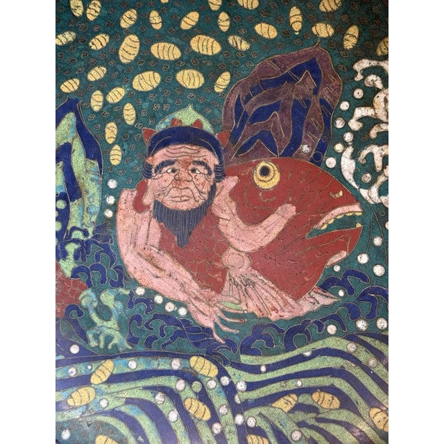 Meiji Japanese Cloisonne Charger Urashima Taro Riding the Sea Bream Mythological For Sale In New York - Image 6 of 11