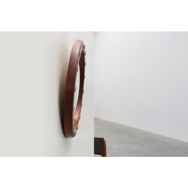 Wooden Round Mirror with Turquoise Ceramic Studs by Deknudt, Belgium, 1960s For Sale - Image 6 of 12