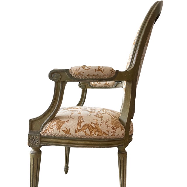 French Pair of Vintage Louis XVI–Style Chinoiserie Armchairs For Sale - Image 3 of 5