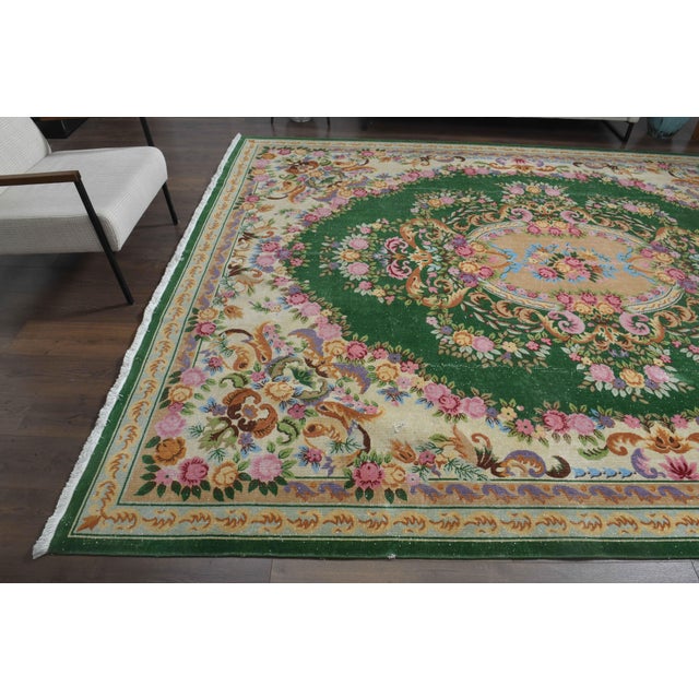 Textile 1970s Vintage Persian Handmade Wool Cotton Green Area Rug For Sale - Image 7 of 11