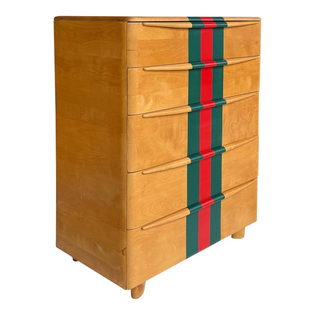 Mid 20th Century Heywood Wakefield Tall Maple Chest, Painted Stripes. 5 Drawer For Sale