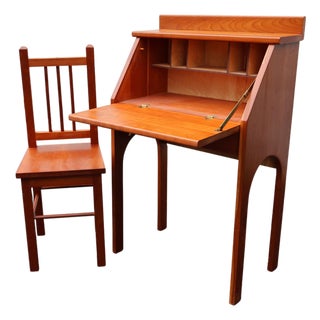 1970s Childs Custom Handcrafted Cherry Drop-Front Secretary Desk & Chair For Sale
