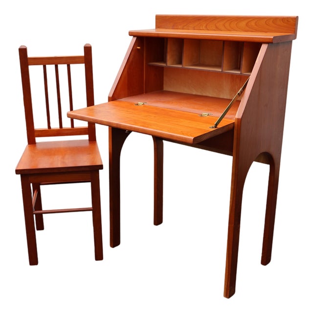 1970s Childs Custom Handcrafted Cherry Drop-Front Secretary Desk & Chair For Sale