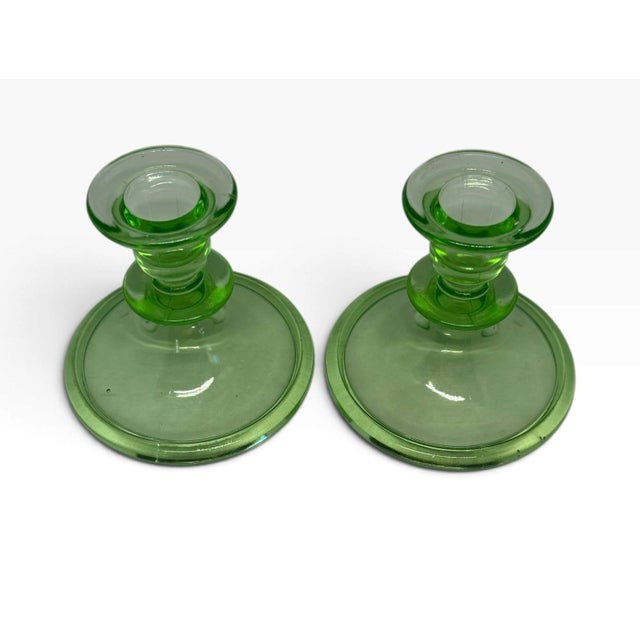 Vintage Green Uranium Glass Candlestick Holders Pair 1930s Depression Glass For Sale - Image 11 of 12
