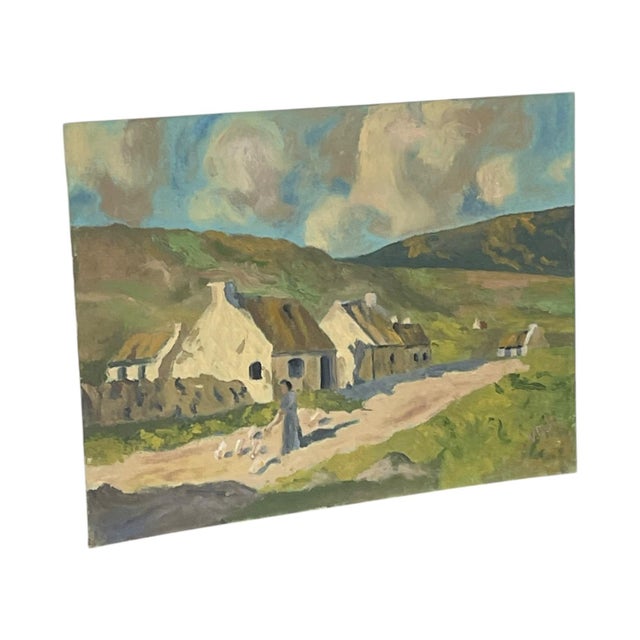Mid-Century Modern Vintage European Village Landscape Painting on Canvas. For Sale - Image 3 of 10