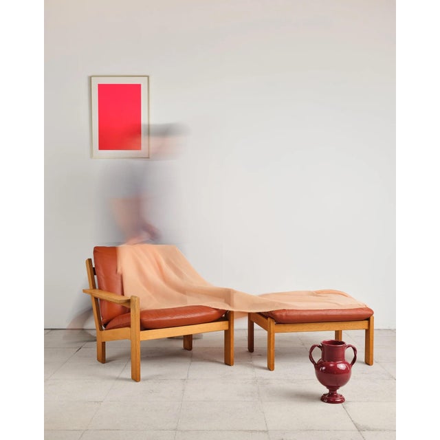 Beige Brutalist Lounge Chair with Ottoman in Oak and Leather by Tage Poulsen, Denmark, 1960s, Set of 2 For Sale - Image 8 of 18