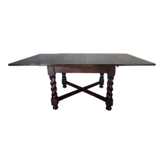 1925 Antique Barley Twist Oak Draw Leaf Extending Dining Table For Sale