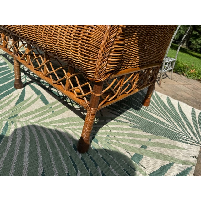 Almond Rare Vintage Professionally Restored Wicker Rattan Cathedral Back Settee W Ottoman Brand New Upholstered Cushion and Accent Pillow Designer Fabrics For Sale - Image 8 of 10