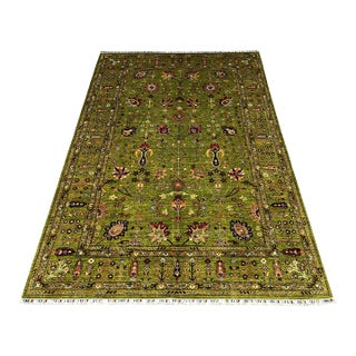 Green Afghan Sultani Natural Dye Wool Rug, Persian Floral Botanical Design, 6′9″ × 9′9″ For Sale