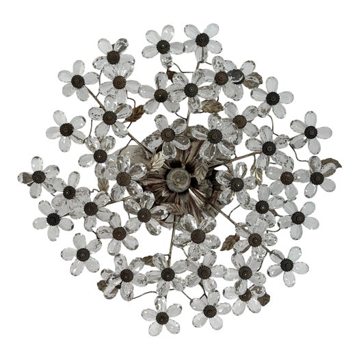 Filigree Flush Mount with Crystal Flowers from Maison Baguès, France, 1920s For Sale